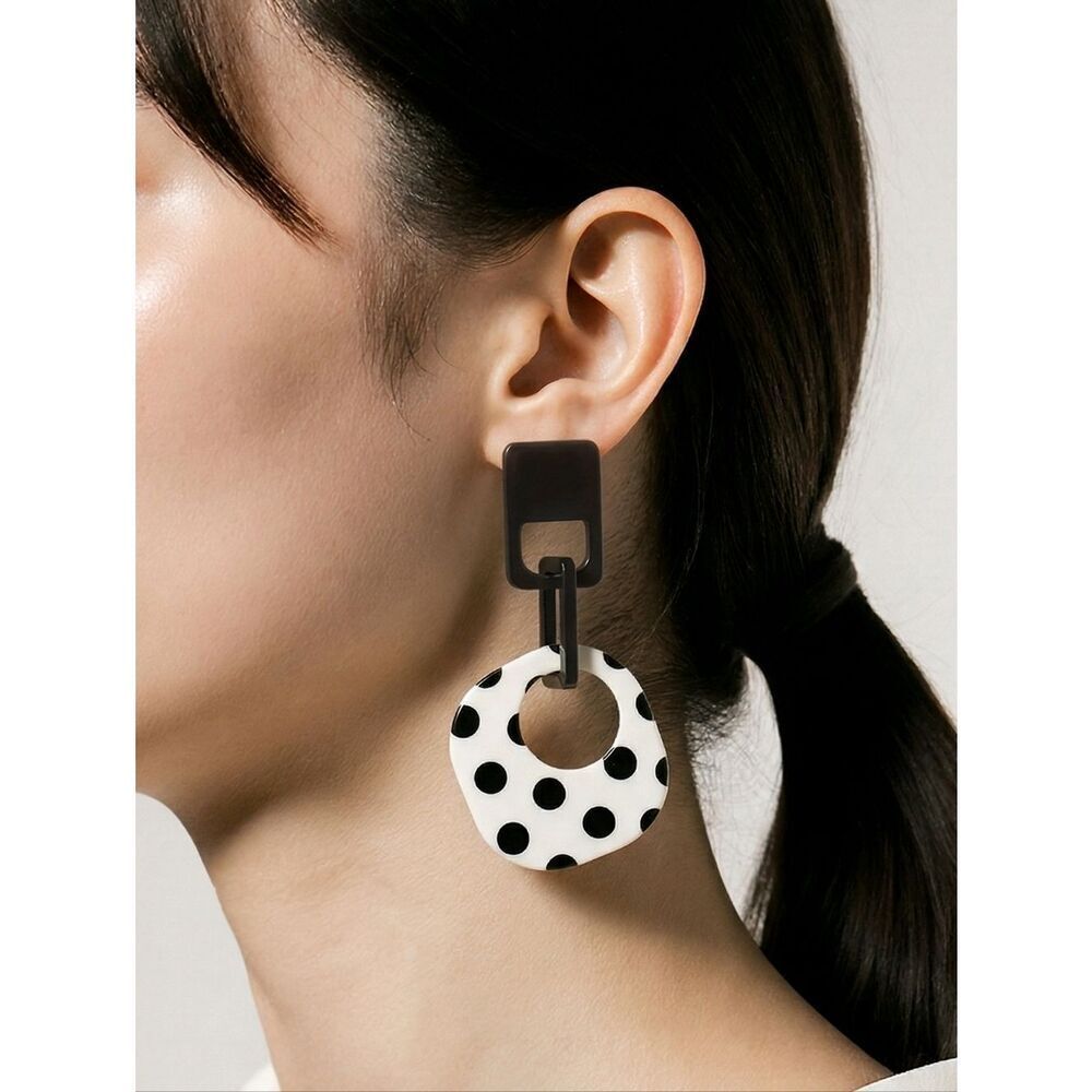 Black White Polka Dot Earrings Geometric Acrylic Dangle Retro Parisian Chic Stud